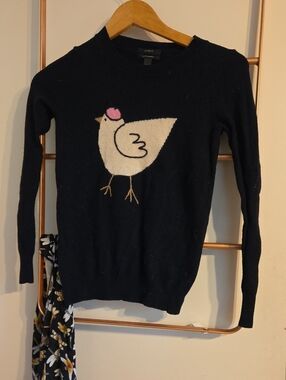J. Crew Navy Crewneck Cashmere Sweater with French Chicken Motif
